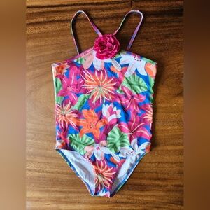 Janie and Jack Girls 12 Colourful Blue Pink Floral One Piece Swimsuit